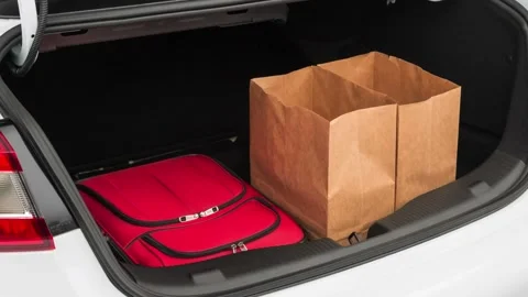 Opened car trunk with luggage Summit White 2019 Chevrolet Cruze LS Stock Footage 160031143