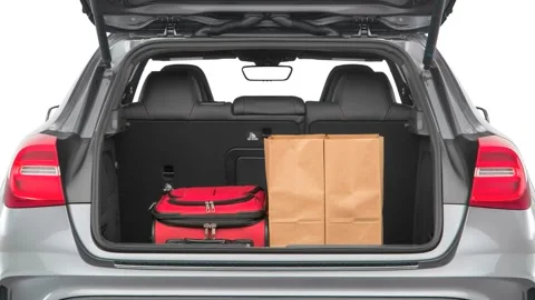 Opened car trunk Mountain Gray Metallic 2016 Mercedes-Benz GLA-Class AMG GLA45 Stock Footage 159887192