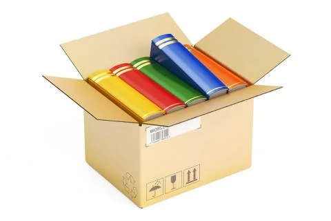 Opened cardboard box with books, 3D rendering Stock Illustration
