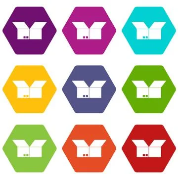 Opened cardboard box icon set color hexahedron Illustration