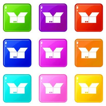 Opened cardboard box icons 9 set Illustration