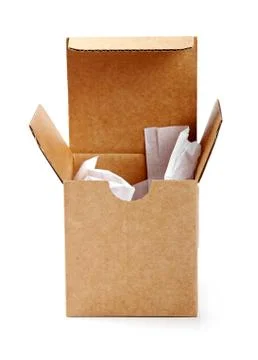 Opened cardboard box isolated on white Stockfoto's