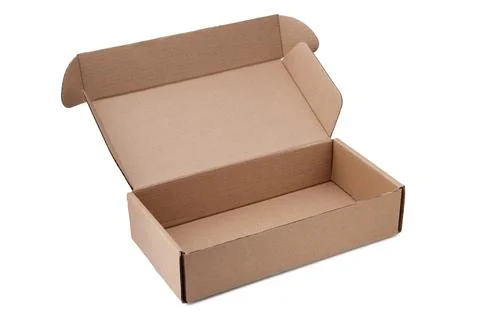 Opened cardboard box isolated on white. Foto stock
