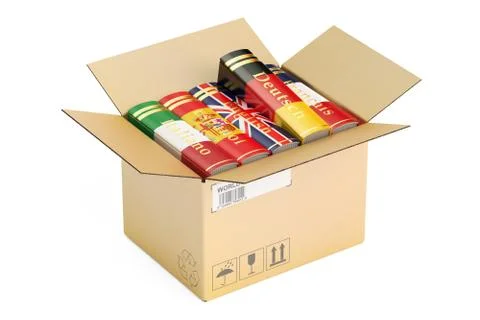 Opened cardboard box with language books, 3D rendering Stock Illustration
