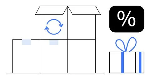 Opened cardboard box with return symbol, percentage sign, and a gift package  스톡 일러스트