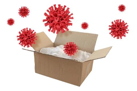 Opened cardboard shipment package box and virus cells isolated on white 스톡 일러스트