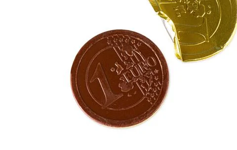 Opened Chocolate candy in the form of 1 euro isolated on white Stock Photos