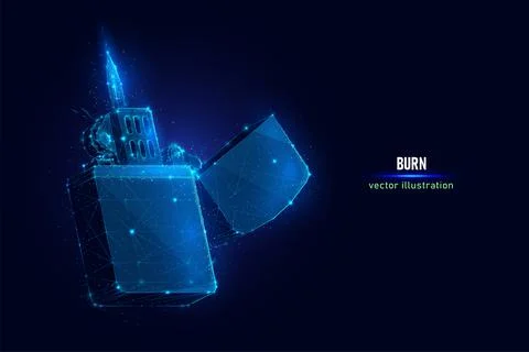 Opened cigarette lighter with flame digital wireframe made of connected dots. Stock Illustration