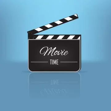 Opened clapperboard and play symbol with mirror reflection on blue background Stock Illustration