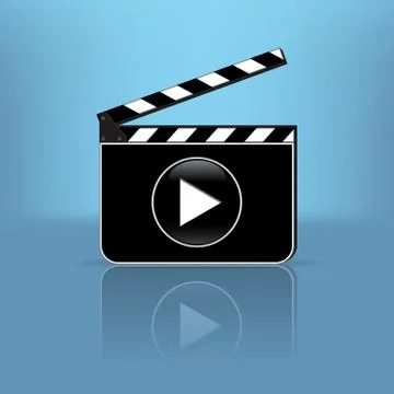 Opened clapperboard and play symbol with mirror reflection on blue background Stock Illustration