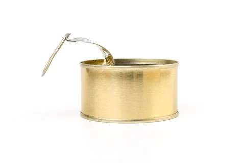 Opened clean tin can with pull tab ring, bended lid and empty - isolated on w Stock Photos