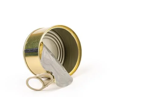Opened clean tin can with pull tab ring, bended lid and empty - isolated on w Stock Photos