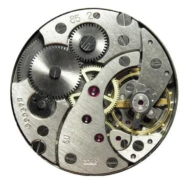 Opened clockwork of round watch against white backgroud Stock Photos