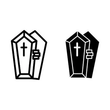 Opened coffin with the hand line and glyph icon. Dead vector illustration Stock Illustration