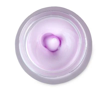 Opened colored moisturizer cream in container on top with white background Stock Photos