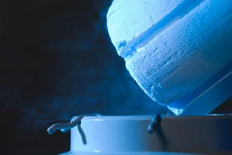 Opened container with liquid nitrogen, close up Stock Photos