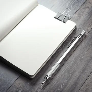 Opened copybook with silver pen. 3d rendering Illustrazione stock