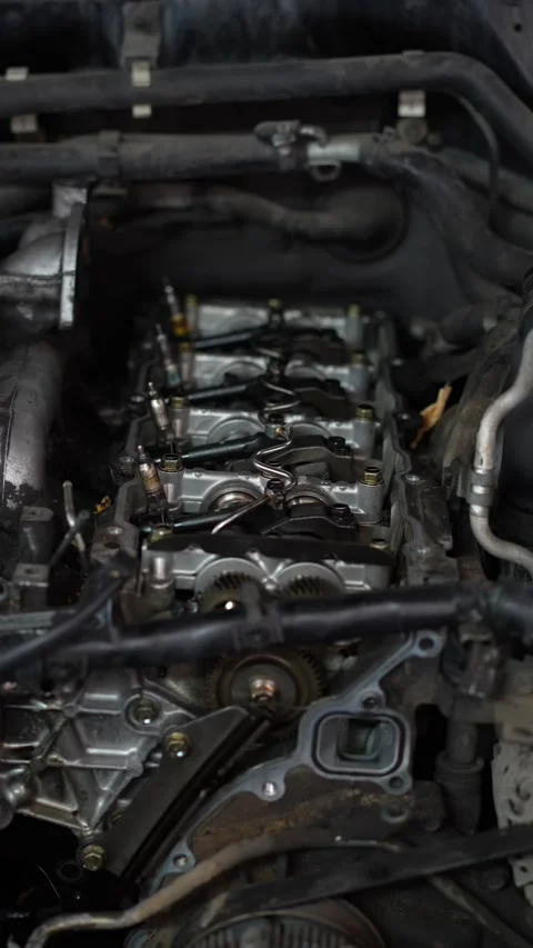 An opened cylinder head of an internal combustion engine exposes camshafts, a Stock Footage 345110427