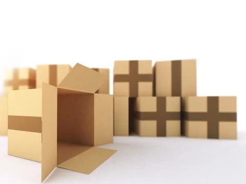 Opened delivery box with many boxes in the background Stock Photos