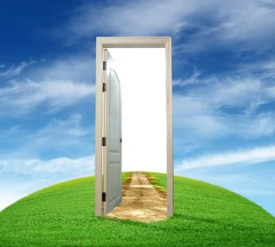 Opened door with the blue sky outside 库存插图