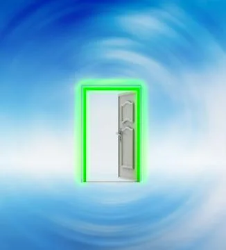 Opened door in blue sky wind vortex illustration Stockillustratie
