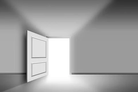 Opened door with bright light on empty white wall background Illustrazione stock