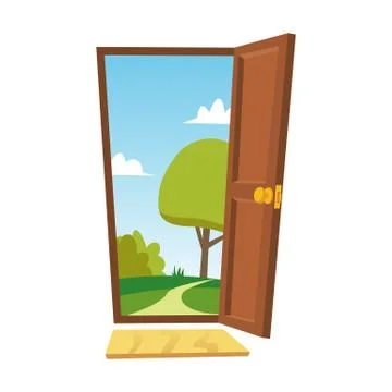 Opened Door . Cartoon Flat Summer Landscape. Front View. Freedom Concept Stock-Illustration
