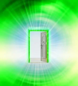 Opened door in green sky space wind vortex illustration Stockillustratie