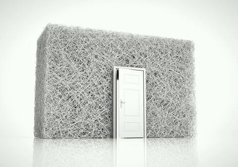 Opened door leading to a complex room made of wires. Stock Illustration