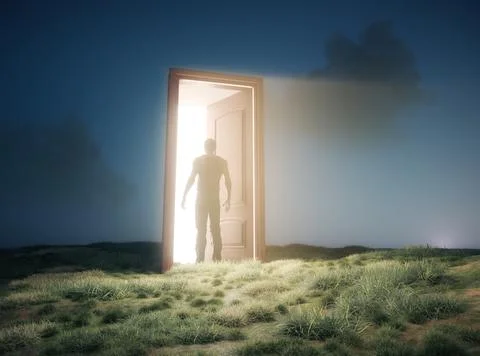 Opened door in the nature to the space. Stock Illustration