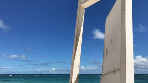 The opened door on the tropical beach in sunny day. Freedom travel concept. Bali Stock Footage 85711955