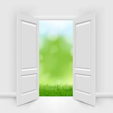 Opened Doors With Blue Sky And Greeen Grass Stock Illustration
