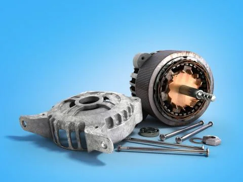 Opened electric motor 3d render isolated on blue background Stock Illustration