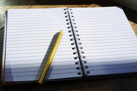 Opened empty blank notebook with funny pen and shadows study work diary sc... Foto stock