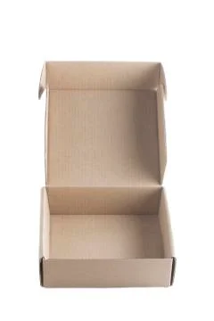 Opened empty box package delivery cardboard carton isolated on white backgrou Foto stock