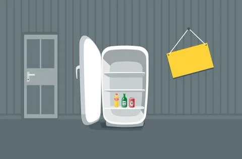 Opened Empty Broken Fridge in Front of a Wall Stock Illustration