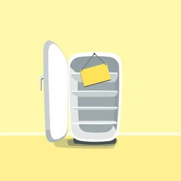 Opened Empty Broken Fridge on Yellow Background Stock Illustration