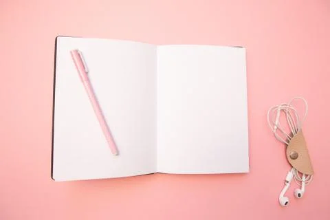 Opened empty diary with pink pen on pastel millennial pink paper background. Stock Photos