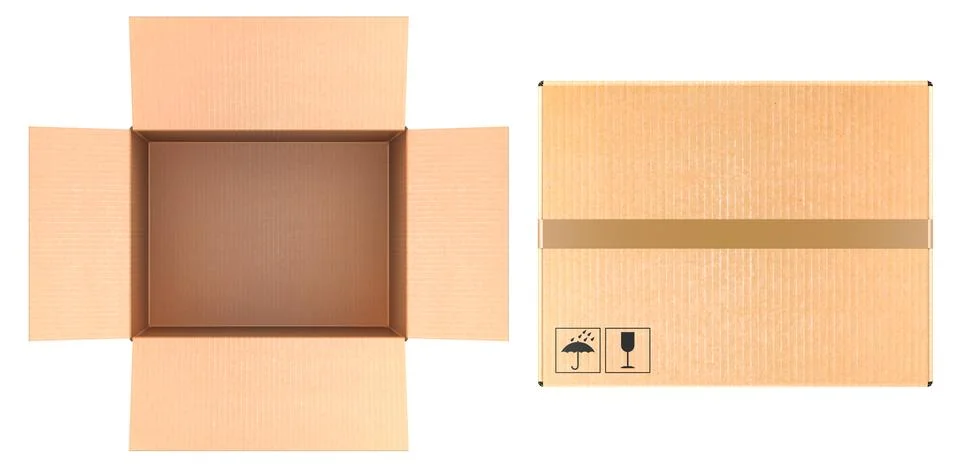 Opened Empty Parcel, cardboard box and closed parcel. 3D rendering 库存插图