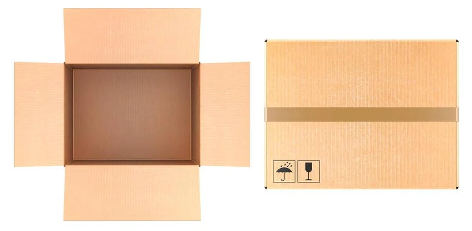 Opened Empty Parcel, cardboard box and closed parcel. 3D rendering Opened ... Stock Photos