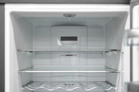 Opened empty refrigerator. Refrigerator open empty fridge inside interior. cl Stock Photos