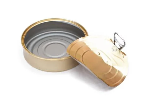 Opened Empty Tin Can With Broken Cover Isolated on White Background Stock Photos