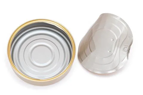 Opened Empty Tin Can With Broken Cover Isolated on White Background Stock Photos