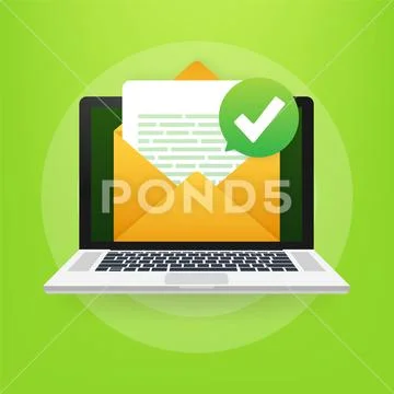 Opened envelope and document with green check mark. Verification email. Vector 库存插图