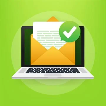 Opened envelope and document with green check mark. Verification email. Vector Illustrazione stock