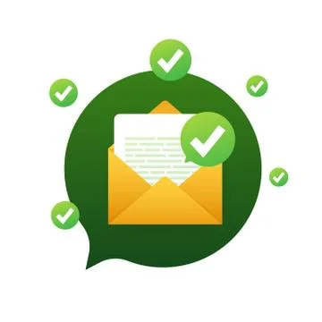 Opened envelope and document with green check mark. Verification email. Vector イラスト素材