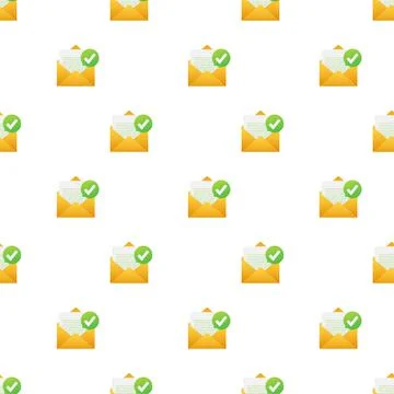 Opened envelope and document with green check mark pattern. Verification email Illustrazione stock