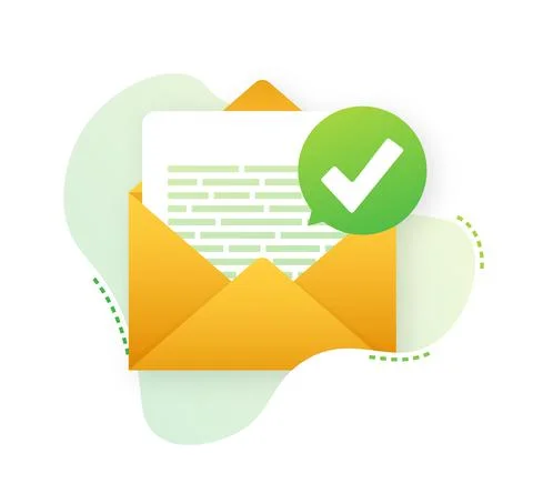 Opened envelope and document with green check mark. Verification email. Vector Ilustración de archivo