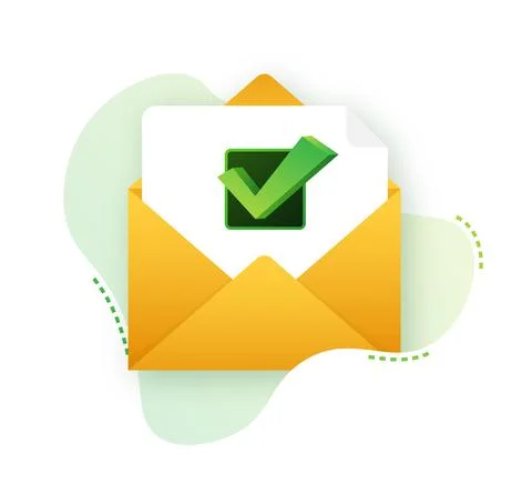 Opened envelope and document with green check mark. Verification email. Vector イラスト素材