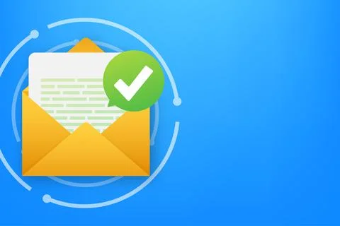 Opened envelope and document with green check mark. Verification email. Vector Stock Illustration